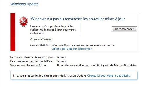 CORRECTIF: code d’erreur Windows Update 8007000E